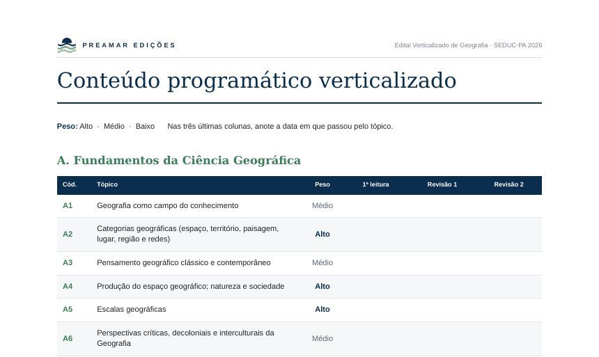 Página do Edital Verticalizado de Geografia com os tópicos do primeiro bloco, a coluna de peso (Alto, Médio ou Baixo) e as colunas 1ª leitura, Revisão 1 e Revisão 2